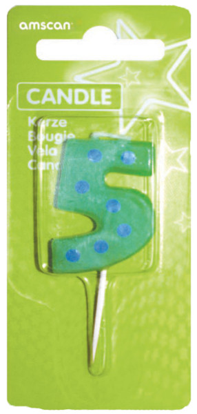 Candela numero di festa 5 Per torte verde-blu punteggiata