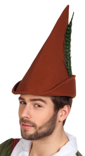 Brązowy średniowieczny spiczasty kapelusz z piórkiem
