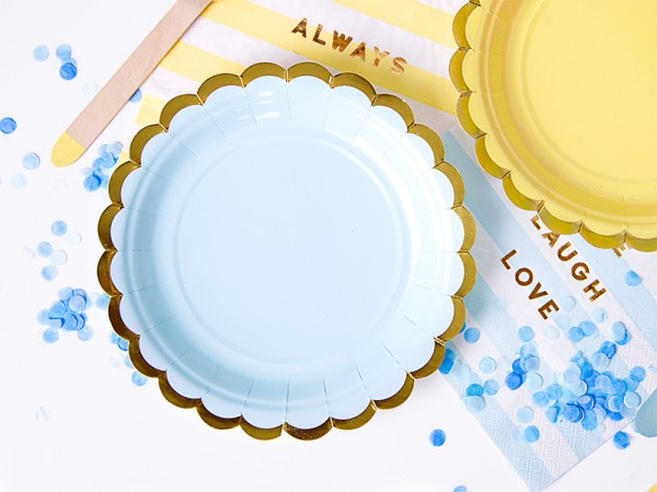 6 piatti azzurro pastello con bordi oro 18cm
