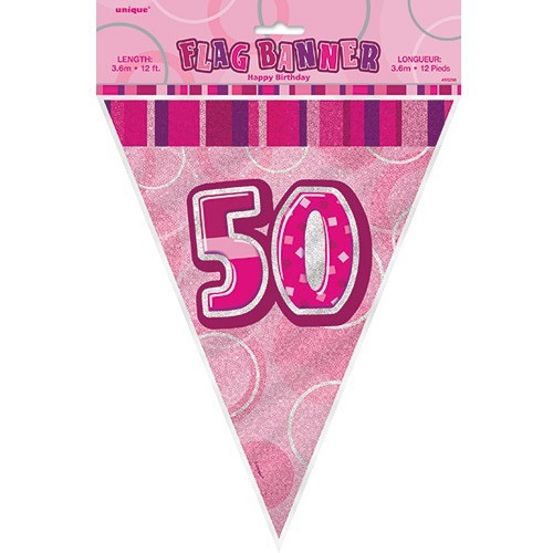 50e verjaardag glinsterende wimpel ketting roze