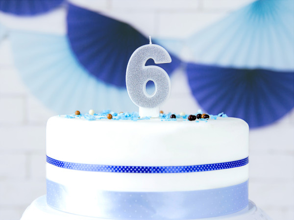 Number 6 cake candle silver gloss 7cm
