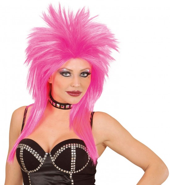 Neon pink rock tube wig