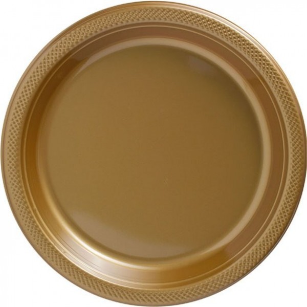 50 dużych, wysokiej jakości plastikowych talerzy w kolorze złotym 26cm