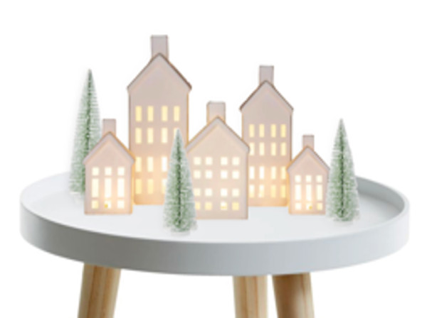 5 ceramic house tealight holders with Christmas trees