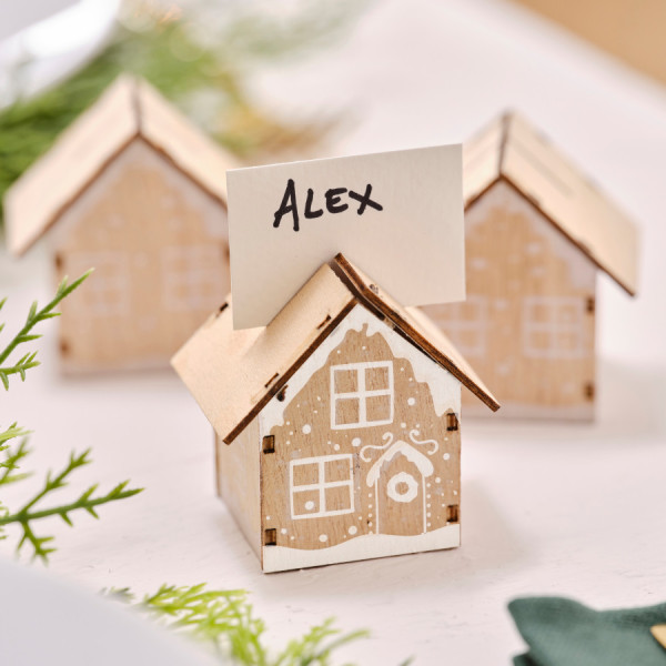 6 place card holders wooden houses