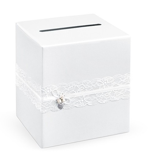Ślubne szczelinowe pudełko z koronką w kolorze białym