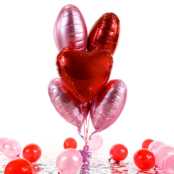5 Heliumballons in der Box mixed Rot & Rosa Herzen