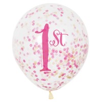 1e verjaardag Confetti ballonnen transparant roze