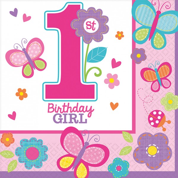 Birthday Girl 1:a födelsedagsservett Färgglada fjärilar 16 stycken