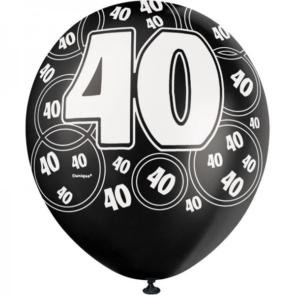 Mix van 6 40th Birthday Balloons Black 4th