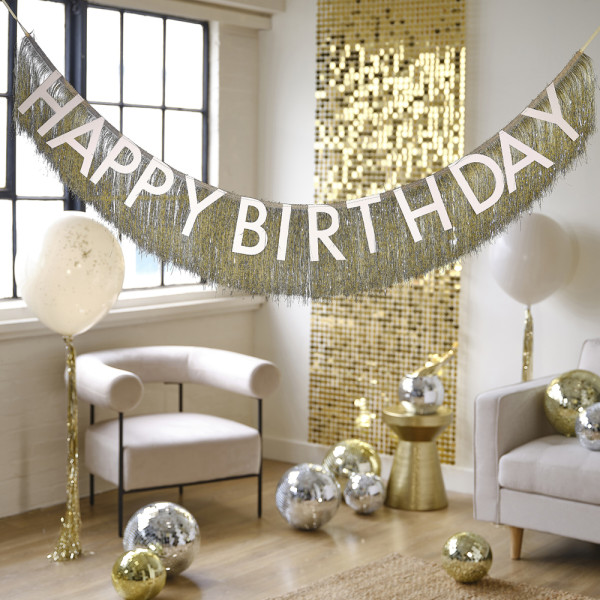 Fødselsdagsglitterguirlande creme-guld Elegance 1,75m