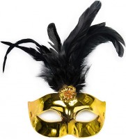 Oversigt: Gylden karnevalmaske med fjer