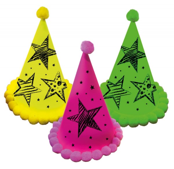 3 chapeaux de fête Neon Star 17,5 cm