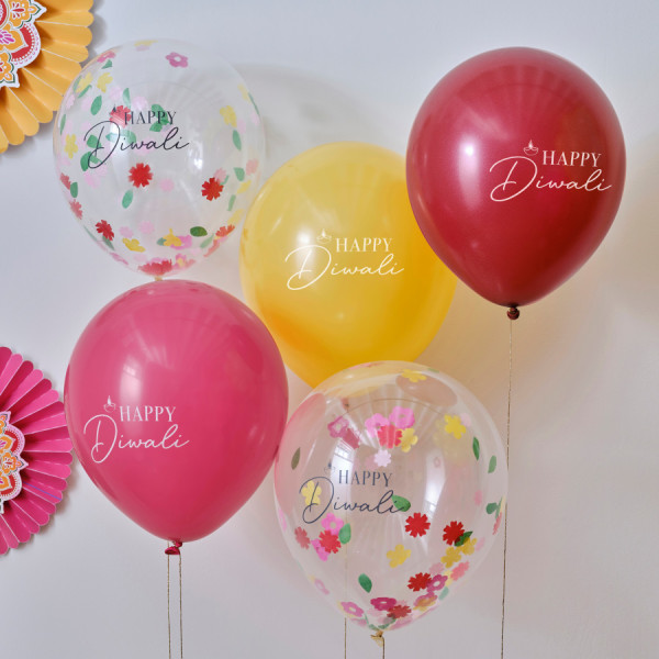 5 bunte Happy Diwali Luftballons