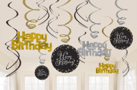 12 guirlandes suspendues spirales dorées Happy Birthday 60cm