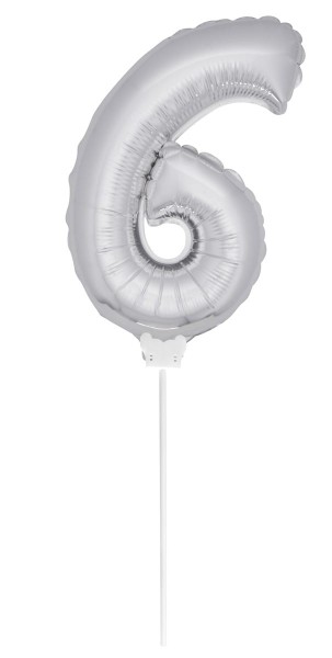 Folienballon Zahl 6 silber mit Stab 35cm