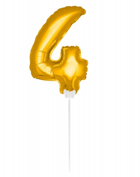 Folienballon Zahl 4 gold mit Stab 35cm