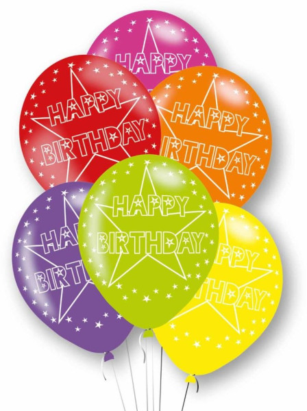 6 färgglada Birthday Star ballonger 27,5 cm