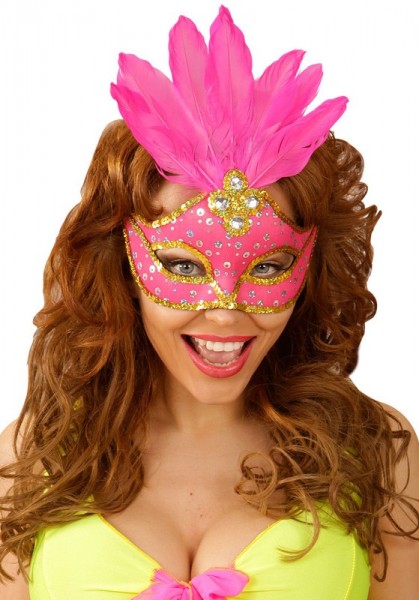 Neon pink Venetian eye mask with feathers