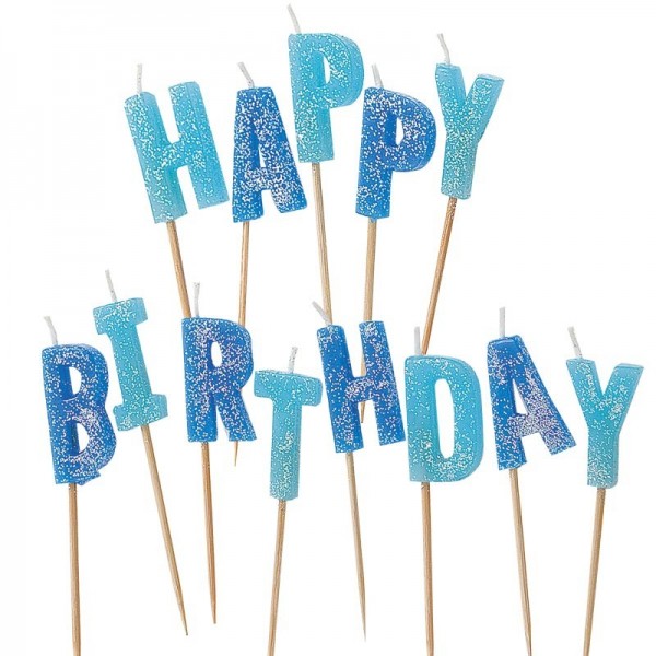 Glittering Happy Birthday cake candle blue