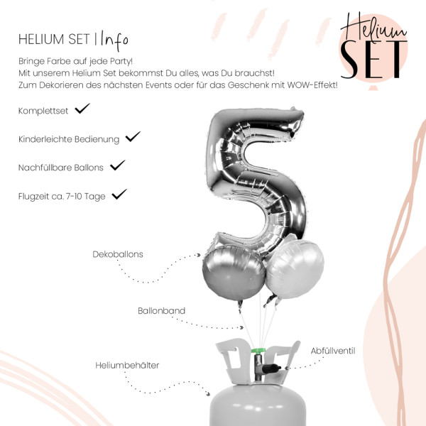 XXL Zahl 5 Silber Ballonbouquet-Set mit Heliumbehälter 3