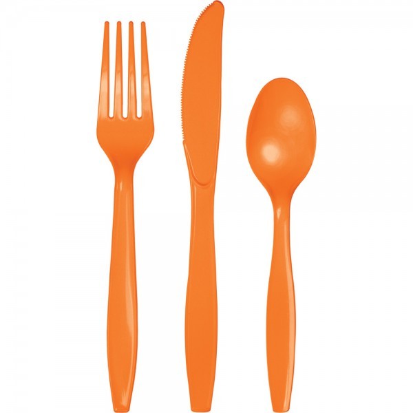 Plastic bestek oranje 24-delig: 8 vorken, messen en lepels