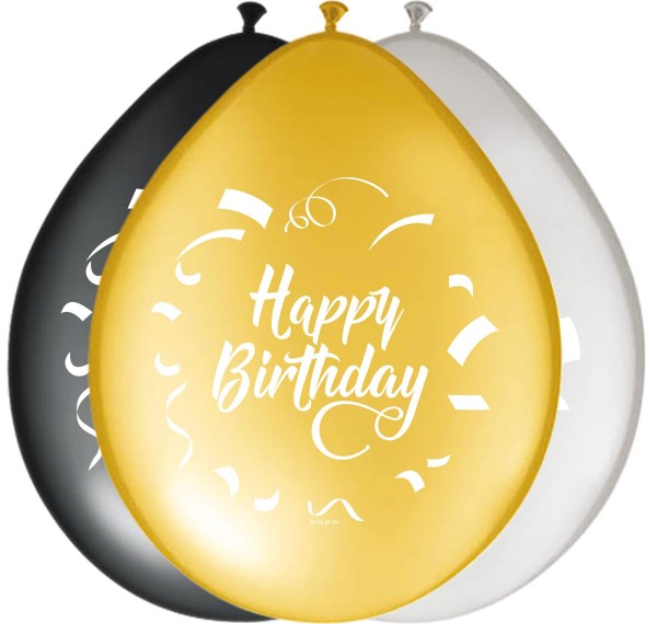 8 palloncini Happy Birthday oro argento nero