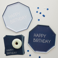 8 blauwe Happy Birthday Eco papieren borden 25cm