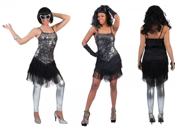 Zilveren Flapper dames dames kostuum met zwarte franjes