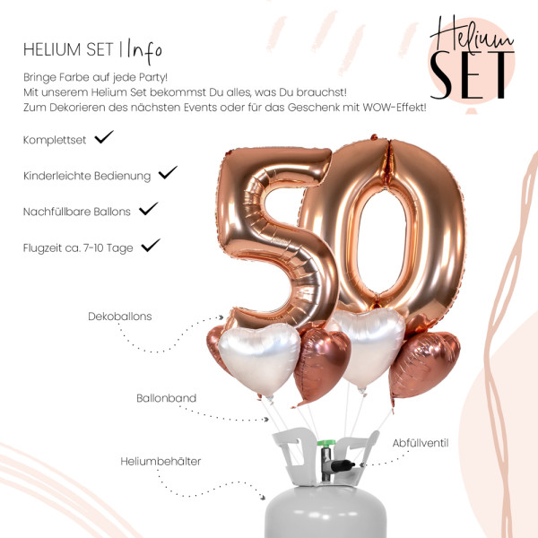XXL Zahl 50 Rosegold Ballonbouquet-Set mit Heliumbehälter 3