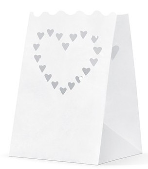 10 bolsas ligeras con corazones blancos