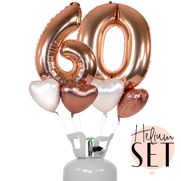 XXL Zahl 60 Rosegold Ballonbouquet-Set mit Heliumbehälter