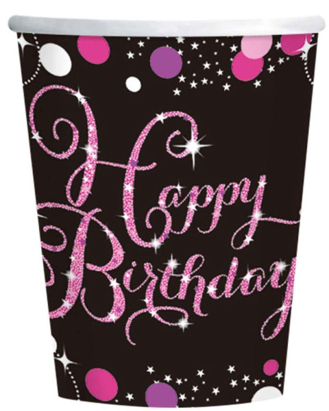 8 różowych papierowych kubków Happy Birthday 250ml