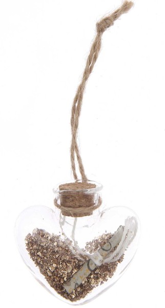 Heart glass bottle hanger with glitter 5cm