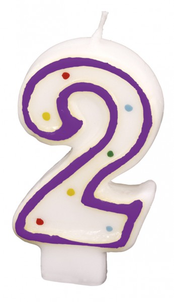 Number 2 cake candle white with colored dots 7.5cm