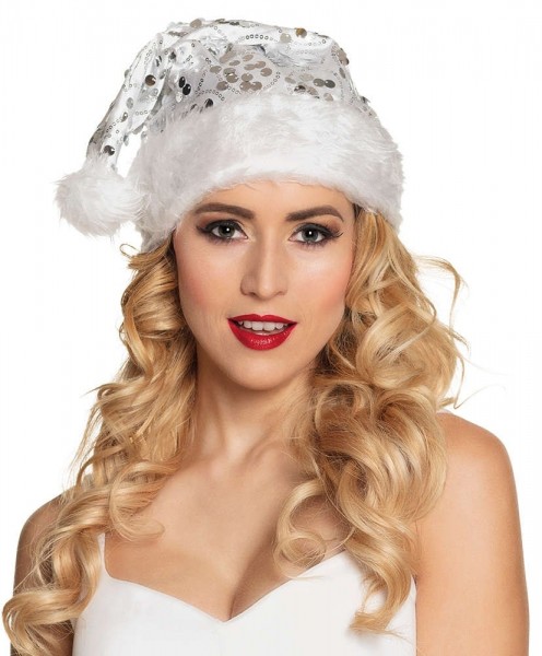Weiße Glitzer Santagirl Mütze