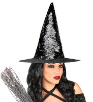 Widok: Dwustronny cekinowy kapelusz czarownicy w kolorze czarno-srebrnym