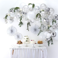 Silver colored balloon garland with 70 balloons
