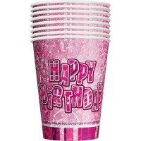 Aperçu: 8 gobelets en papier Happy Pink Sparkling Birthday 266ml