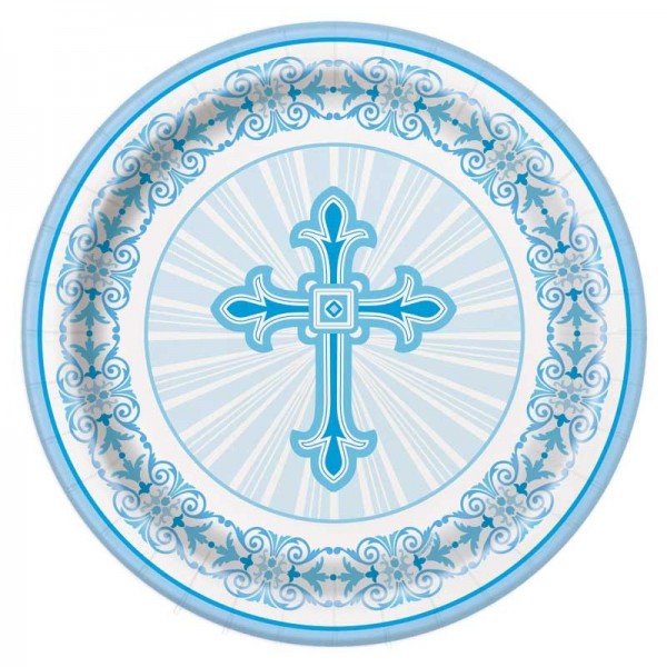 8 paper plates be blessed cross blue 23cm