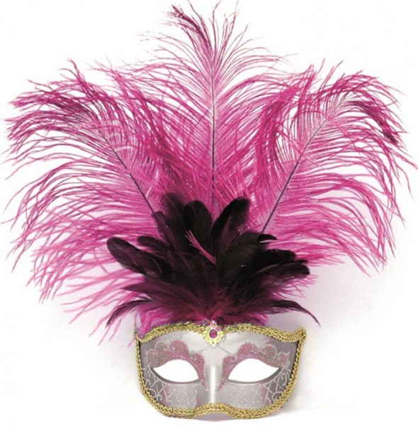 Srebrna maska z fioletowo-różowymi piórami