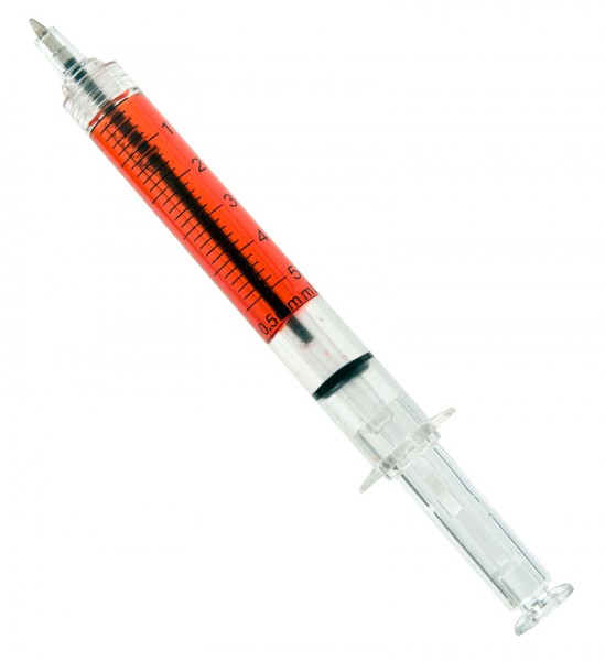 Kugelschreiber als Blutgefüllte Spritze