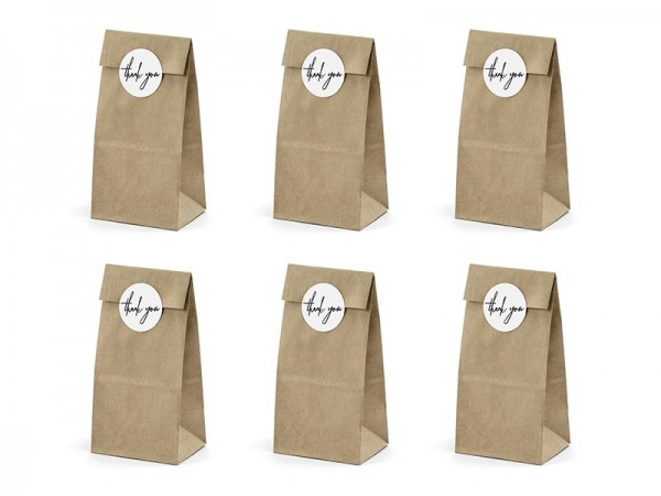 6 gift bags with thank you sticker white brown