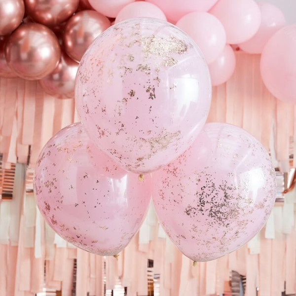 3 golden pink confetti balloons 45cm