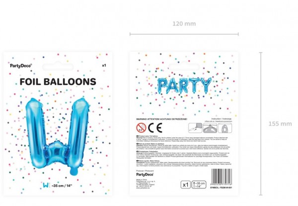 Foil balloon W azure blue 35cm 3