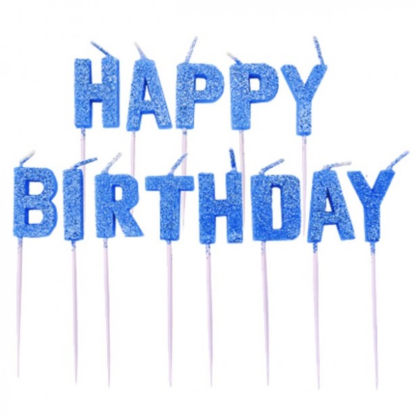 Musujące świeczki na tort Happy Birthday niebieskie