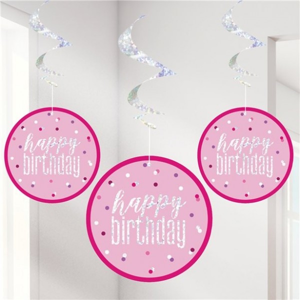 Set van 6 Happy Birthday roze swirl hangende decoratie 80cm