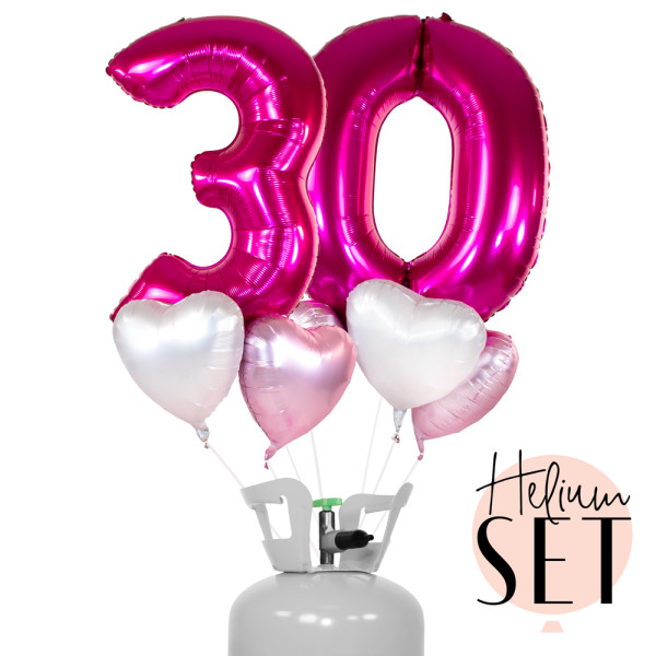 XXL Zahl 30 Pink Ballonbouquet-Set mit Heliumbehälter
