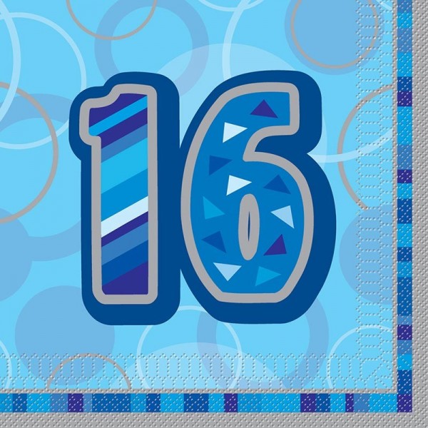 16 szczęśliwych niebieskich serwetek na 16 urodziny