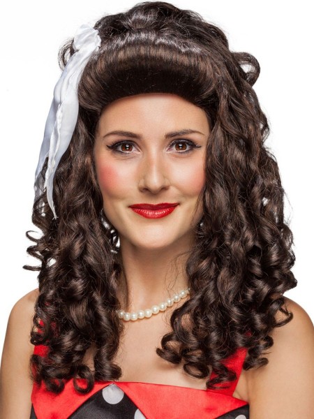 Dark brown curly wig with bow